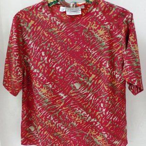 PETERS & ASHLEY Size 10 Liquid Silk Blouse Red Multi Color Short Sleeve Buttons
